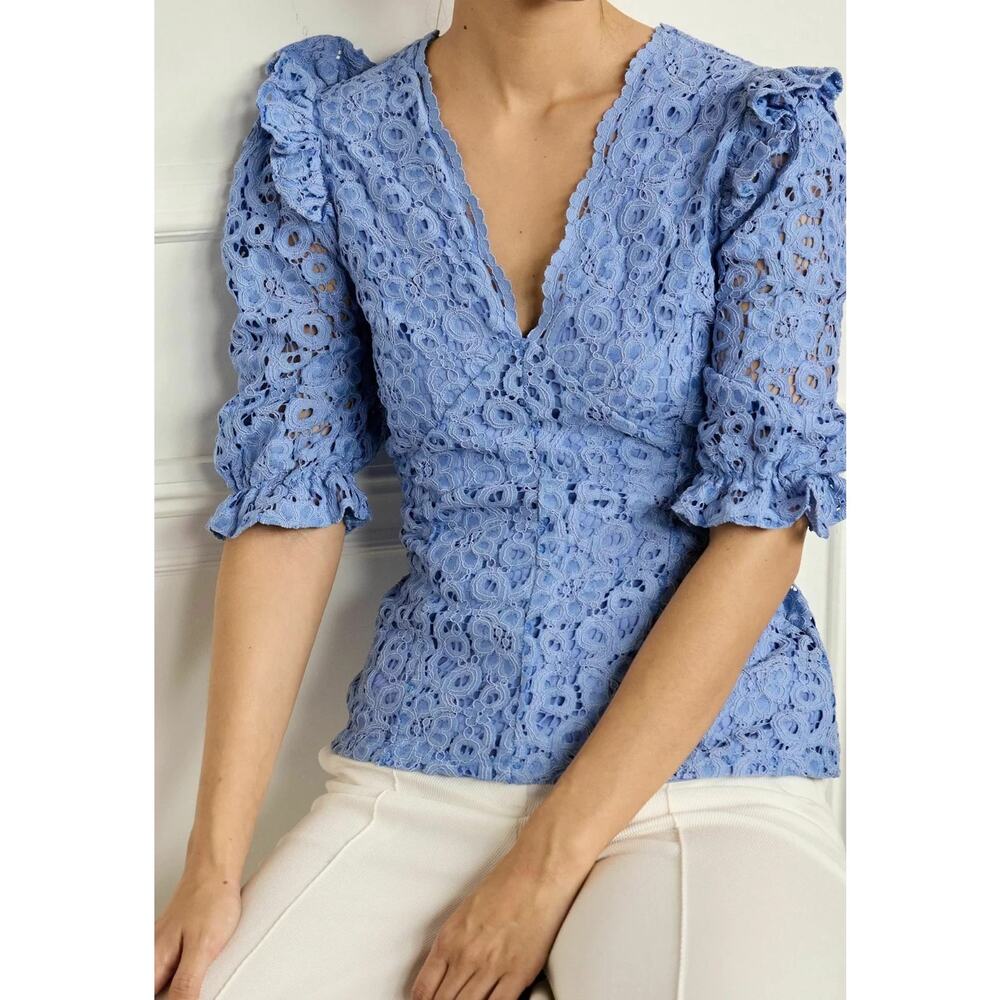 Next Shirt Womens 12‎ Blue Lace Eyelet Crochet Puff Sleeve Cottagecore Boho Top